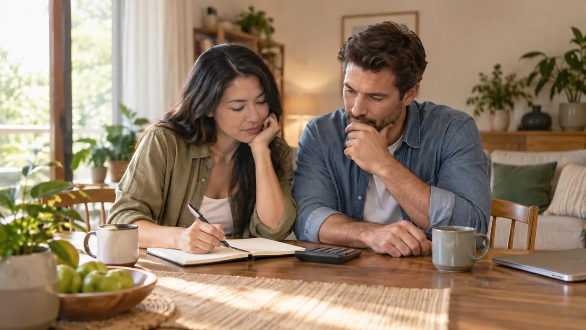 Illustrative scene of adults reviewing a budget at a table.