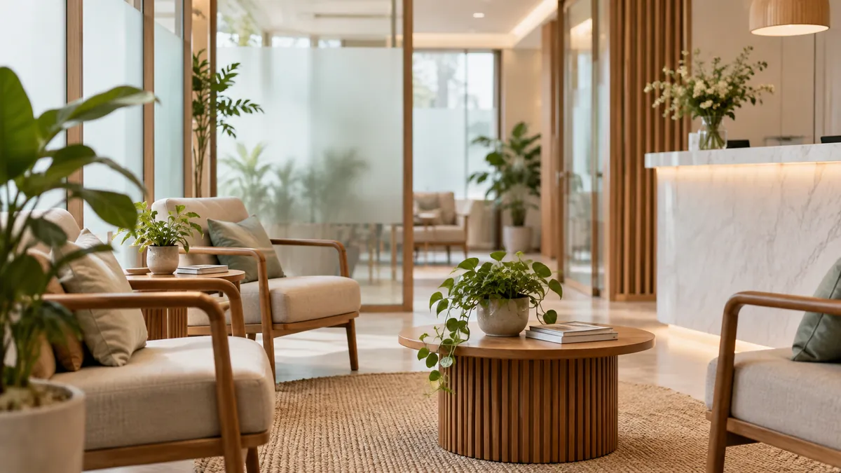 Illustrative unbranded clinic waiting area with plants and comfortable seating.