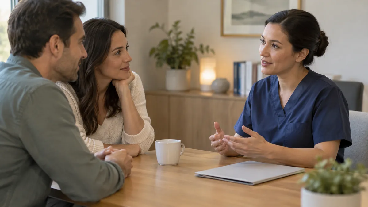 Illustrative scene of adults discussing questions with a clinician.