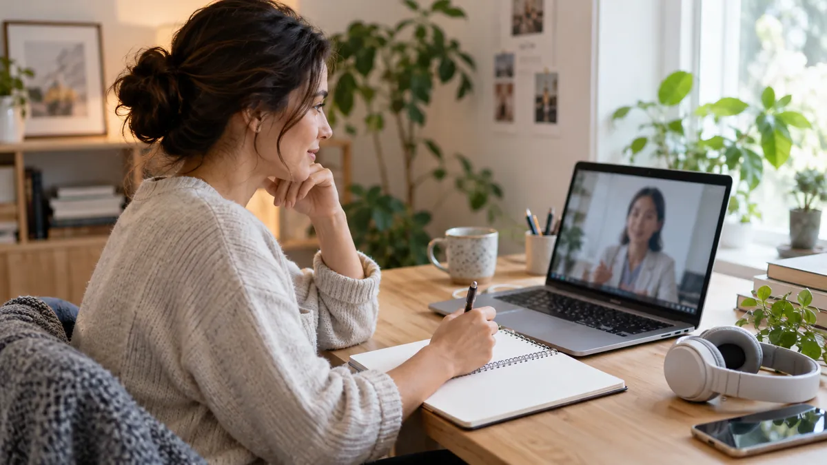Illustrative scene of a person preparing for a remote consultation at a desk.