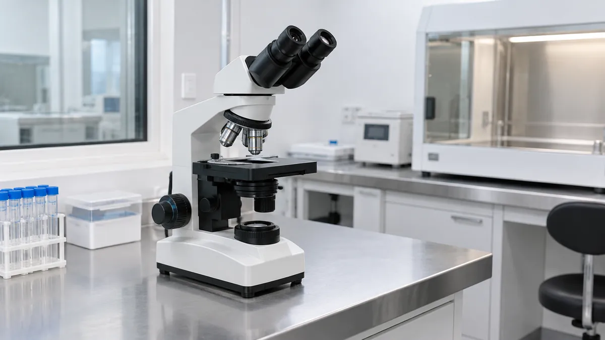 Illustrative laboratory scene with a microscope and generic equipment.