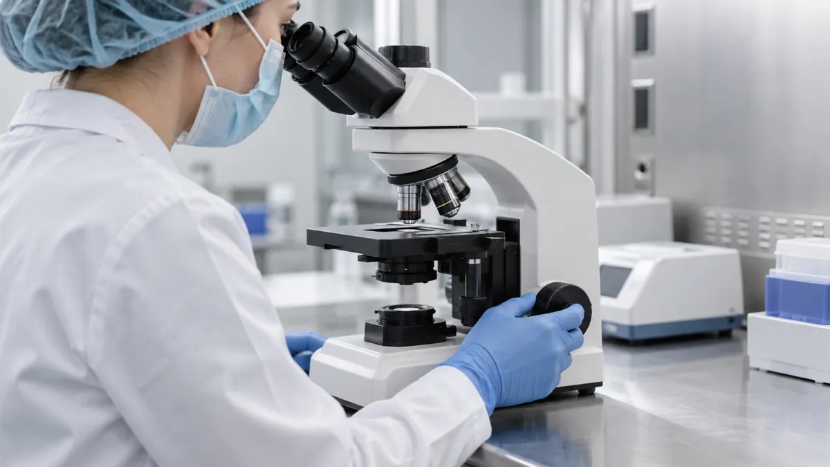 Illustrative close view of a laboratory professional adjusting a microscope.
