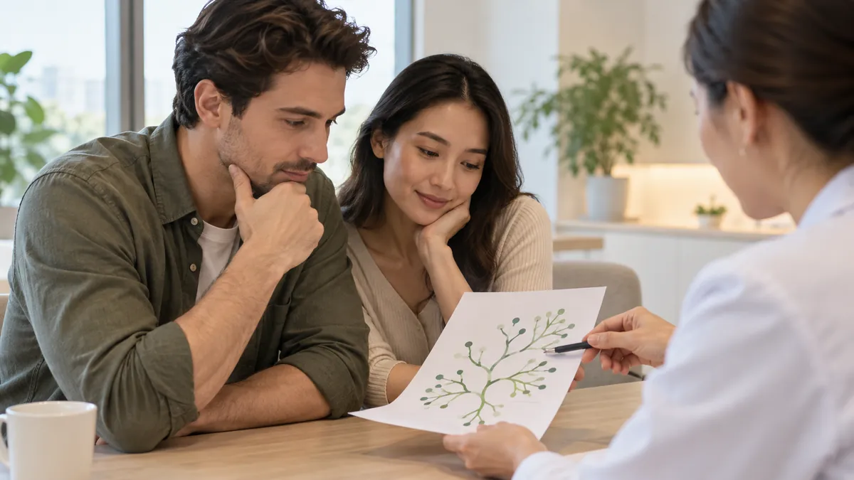 Illustrative scene of adults discussing a conceptual genetic pattern.