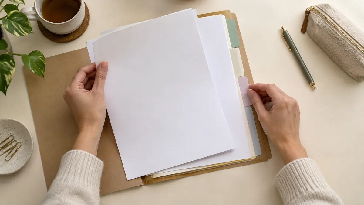Illustrative arrangement of folders and papers for organising medical records.