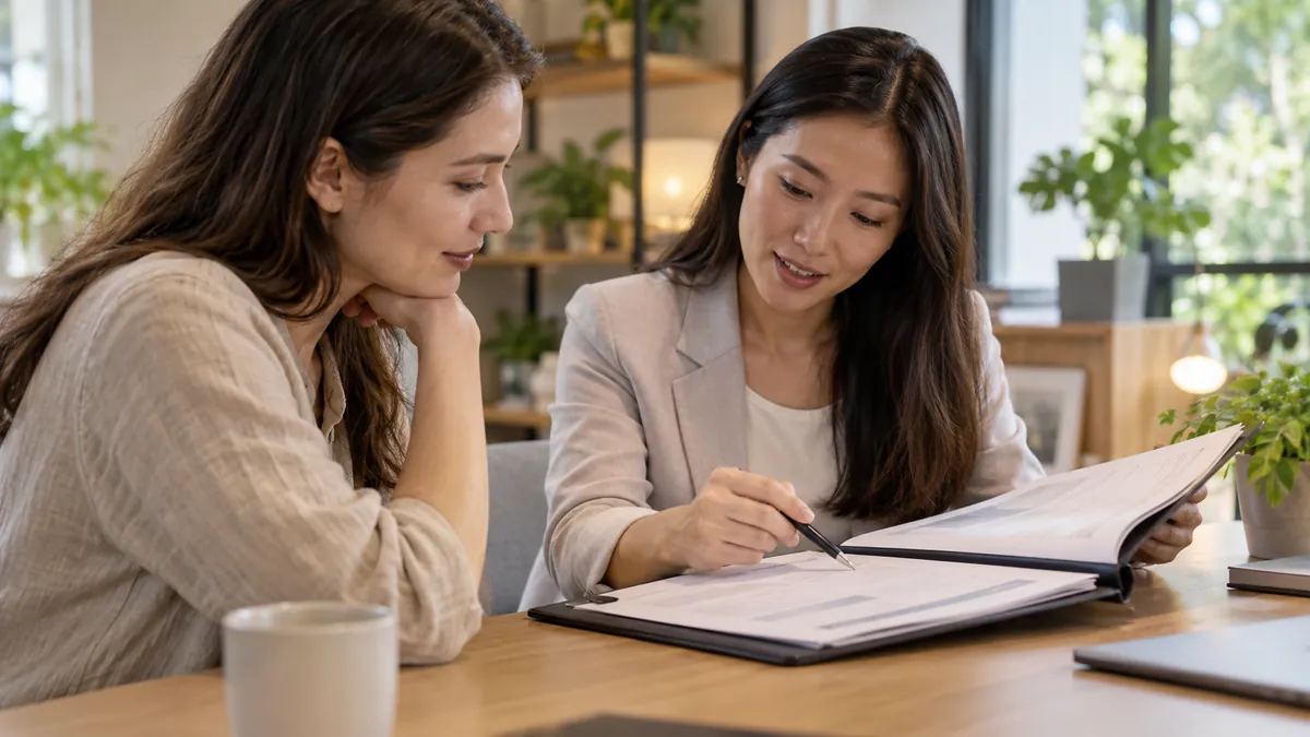 Illustrative scene of adults reviewing an organised document folder.