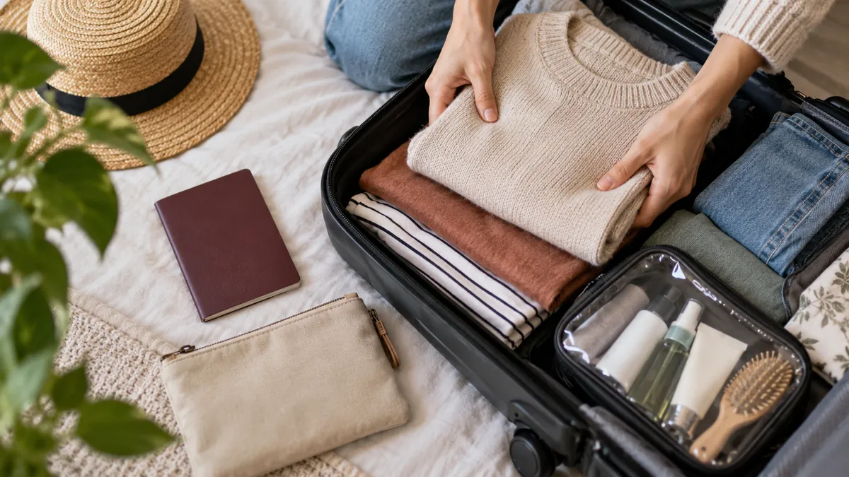 Illustrative arrangement of travel preparation items and plain documents.