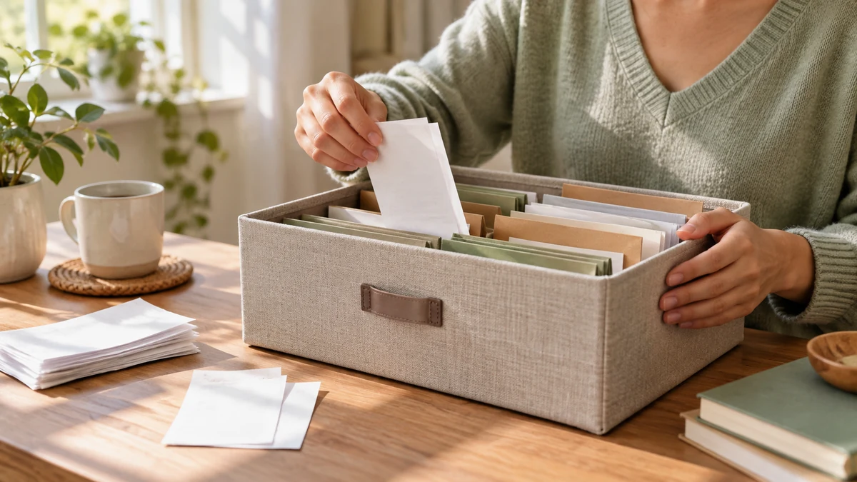 Illustrative sorting of receipts into a document archive box.