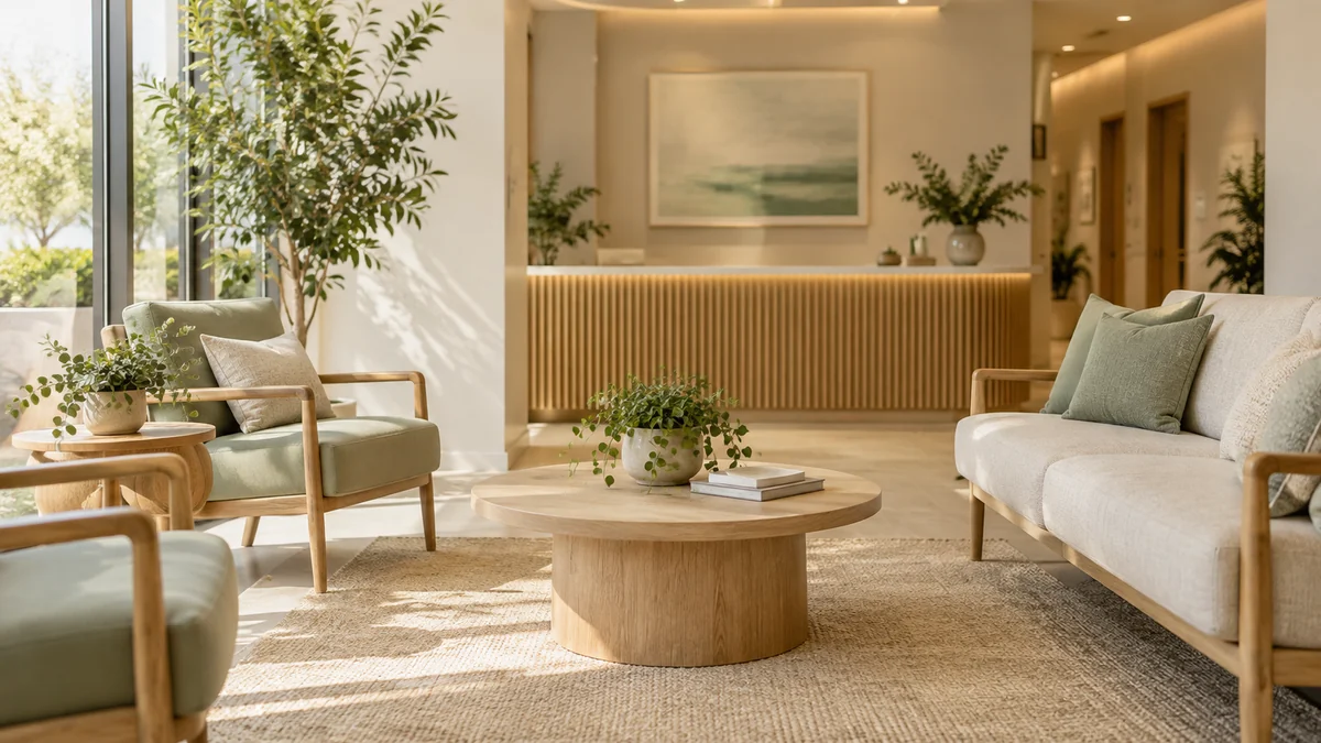 Illustrative reception seating area with plants and warm wood finishes.