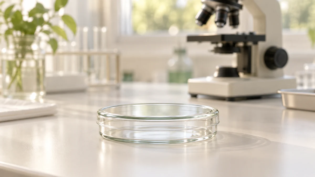 Illustrative laboratory still life with an empty closed culture dish and blurred microscope.