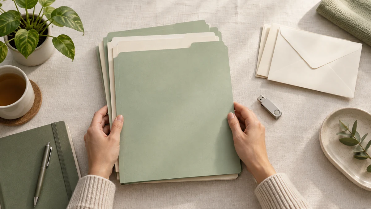 Illustrative folders, envelopes and a USB drive for organizing records.