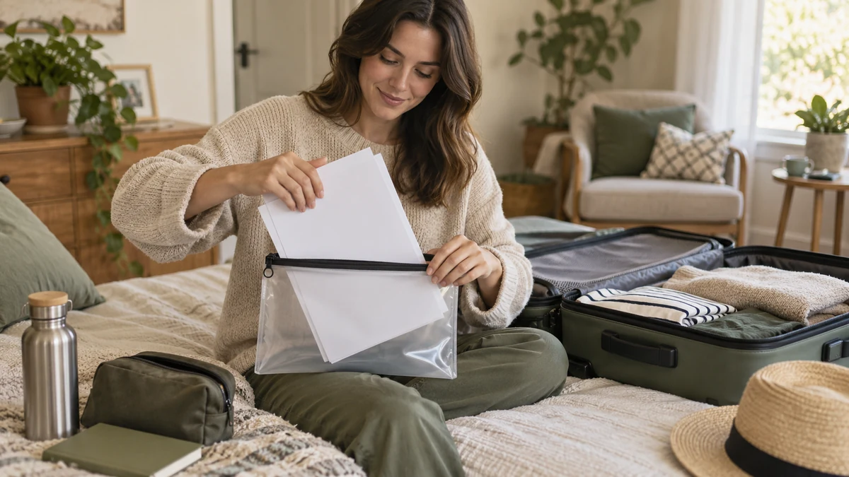 Illustrative packing of documents into a travel pouch.