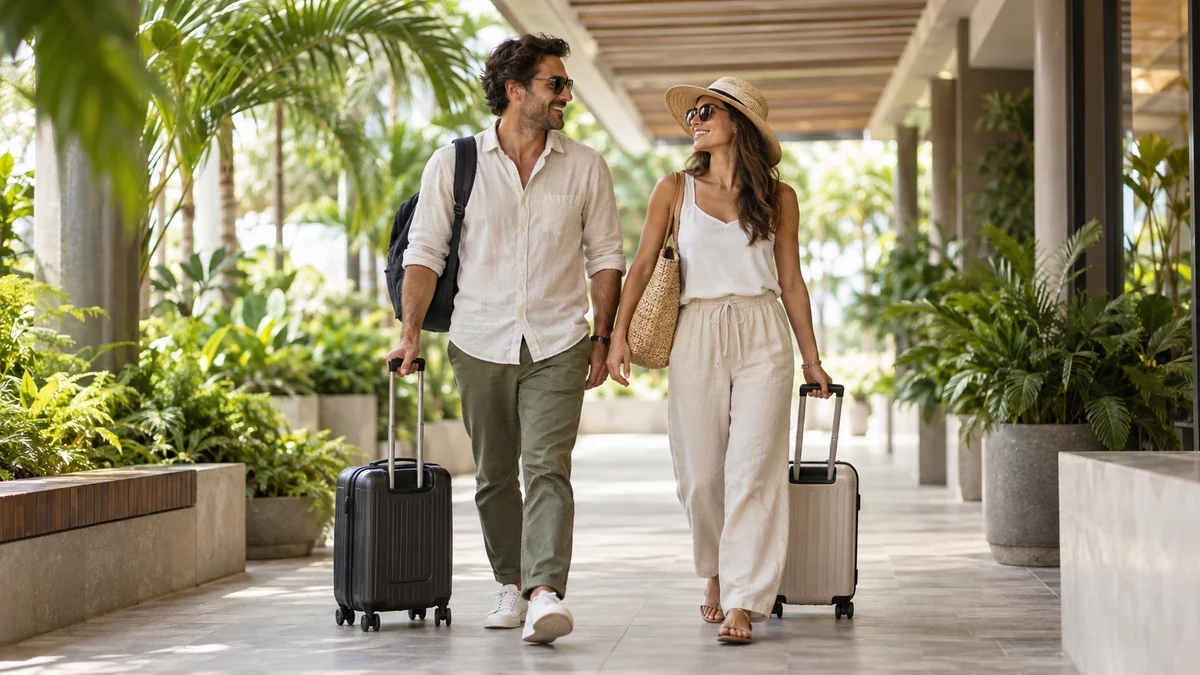 Illustrative travelers walking with suitcases in a leafy covered walkway.