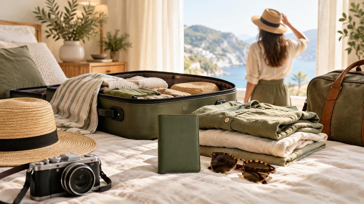 Illustrative luggage and personal items prepared for travel.